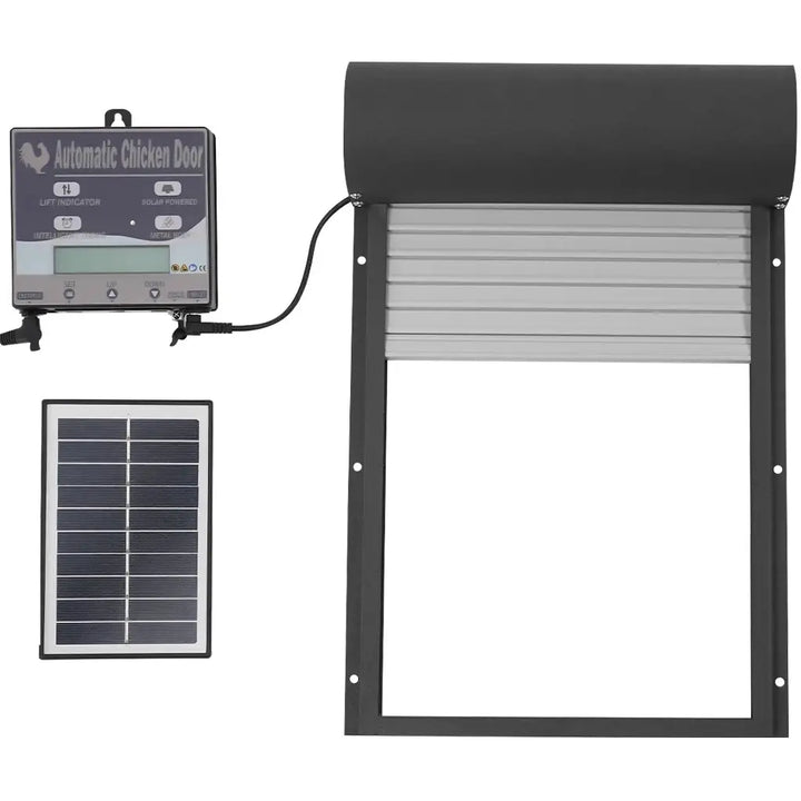 Ouvre-porte solaire de poulailler IP67 avec son boîtier de commande déporté, son panneau solaire et son volet à enroulement