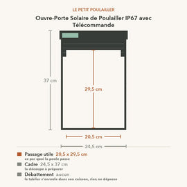 Schéma coté de l'ouvre-porte IP67 : passage utile 20,5 x 29,5 cm, cadre 24,5 x 37 cm, aucun débattement au-dessus