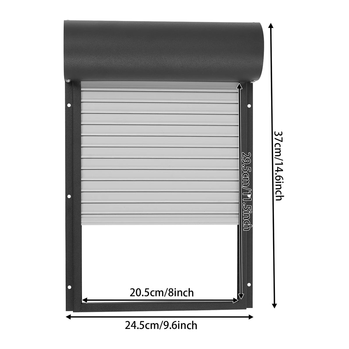 Volet roulant de poulailler noir, cadre de 24,5 sur 37 cm et passage de 20,5 cm de large