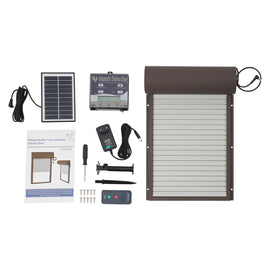 Contenu de l'ouvre-porte IP67 : volet roulant, boîtier de commande, panneau solaire, télécommande et visserie