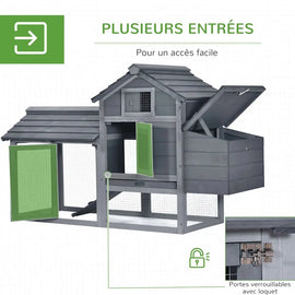 Planche du fabricant montrant les portes verrouillables à loquet de l'abri et de l'enclos