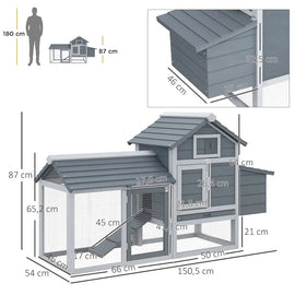 Plan coté du petit poulailler : 150,5 cm de long, 54 de profondeur, 87 de haut, abri de 50 cm, enclos de 66 cm, pondoir de 46 sur 25 cm