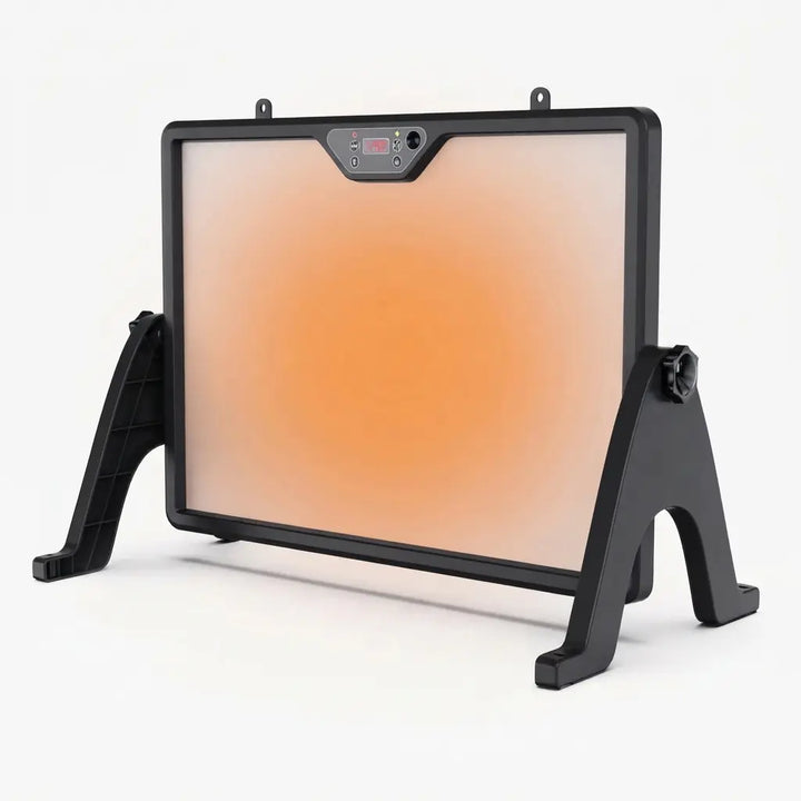 Plaque chauffante noire pour poussins, surface rayonnante orange montée sur deux pieds amovibles, bandeau de commande numérique