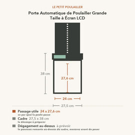 Schéma coté de la porte grande taille : passage utile 24 x 27,6 cm et cadre 27,5 x 38 cm