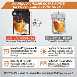 Comparaison de la porte grande taille de 38 cm avec une porte standard, minuterie, capteur de luminosité et boîtier à piles externe