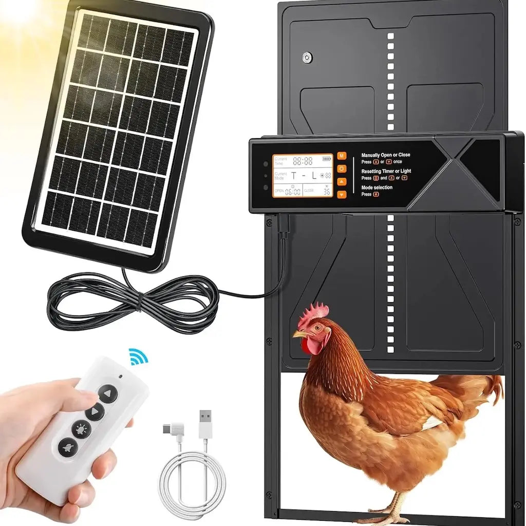 Porte professionnelle à détection avec son panneau solaire, sa télécommande et son câble de recharge USB