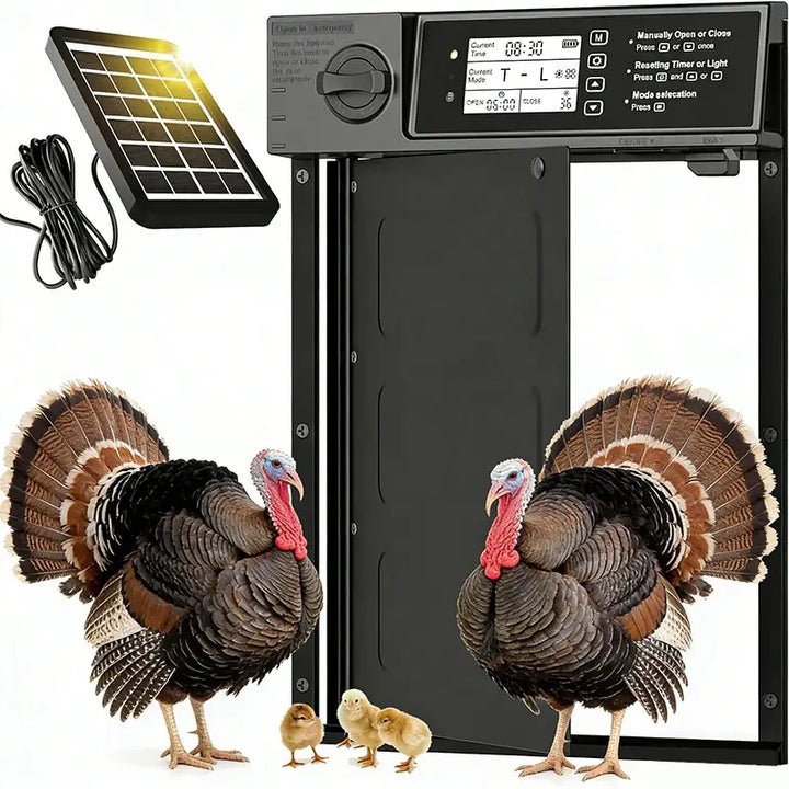 Porte automatique de poulailler rotative sur pile avec son panneau solaire, deux dindons devant le passage