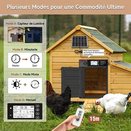 Les quatre modes de la porte rotative sur un poulailler en bois : capteur de lumière, minuterie, mode mixte et manuel