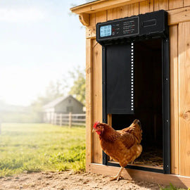 La porte double mode installée sur un poulailler en bois, une poule sort dans la cour