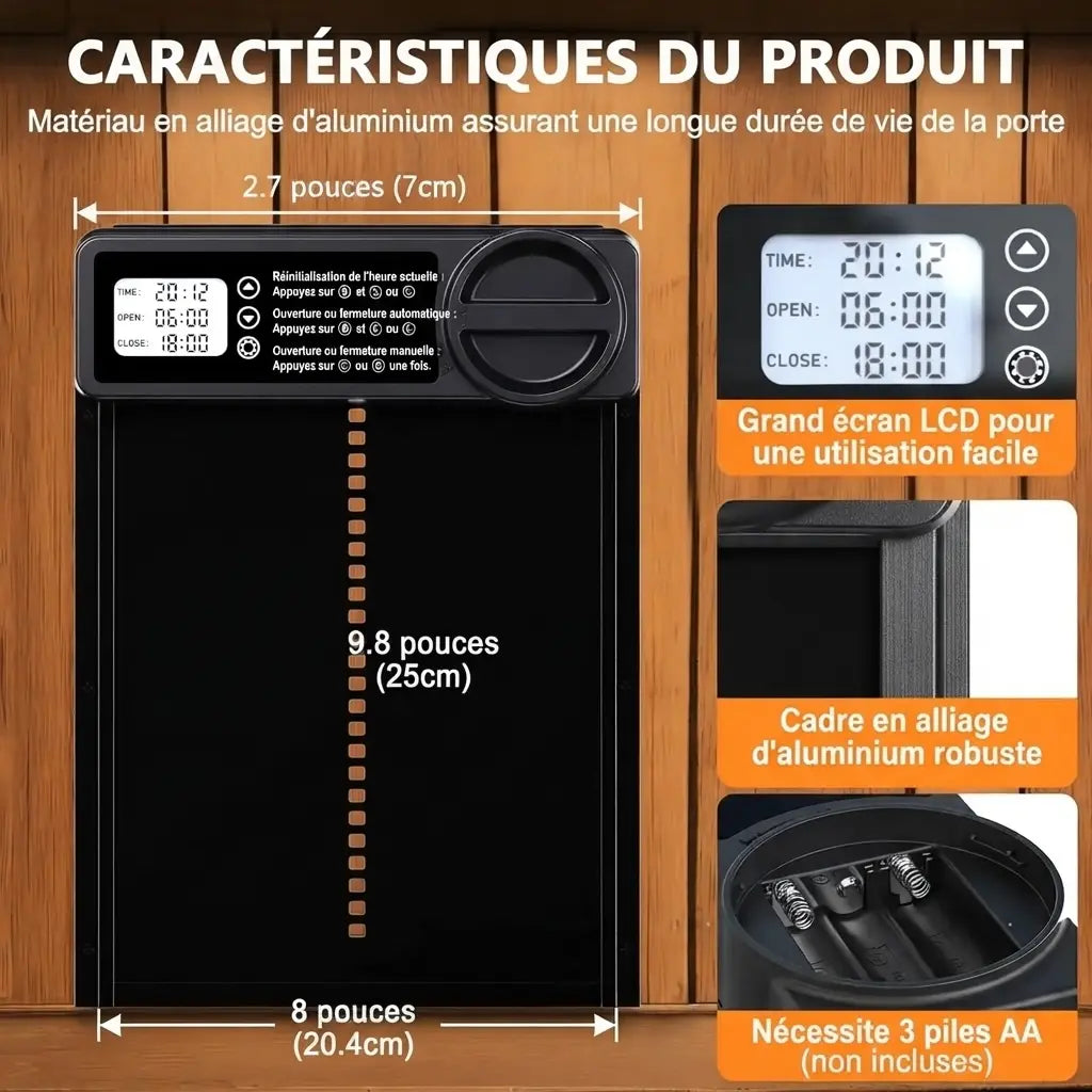 Caractéristiques de la porte à écran étanche : cadre en alliage d'aluminium, grand écran LCD et trois piles AA non fournies
