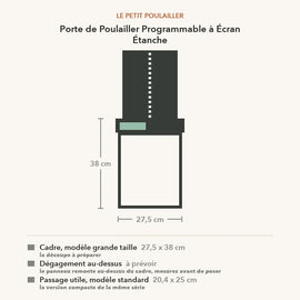 Schéma coté de la porte à écran étanche : cadre grande taille 27,5 x 38 cm, passage standard 20,4 x 25 cm