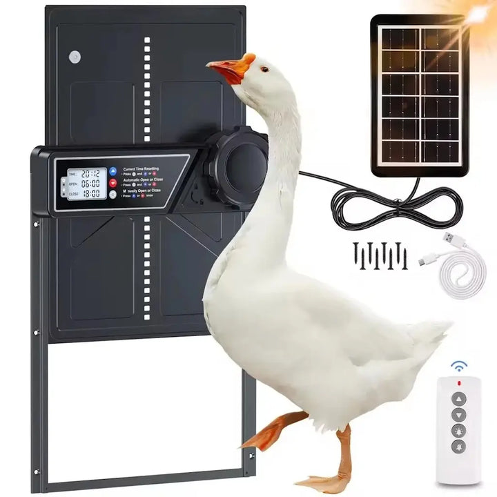 Porte solaire de poulailler anti-pincement en aluminium avec son panneau solaire, sa télécommande et sa visserie, une oie devant l'ouverture