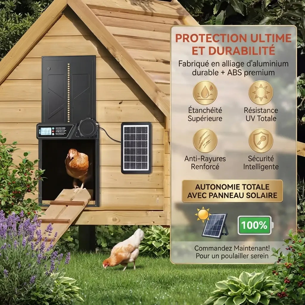 La porte solaire anti-pincement sur un poulailler en bois, étanche, résistante aux UV et aux rayures