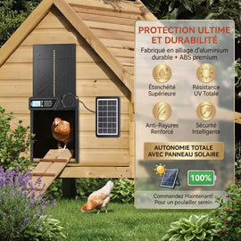 La porte solaire anti-pincement sur un poulailler en bois, étanche, résistante aux UV et aux rayures