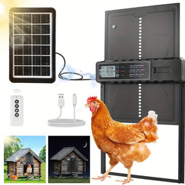 Porte solaire de poulailler programmable grande taille avec son panneau solaire, sa télécommande et son câble USB, jour et nuit