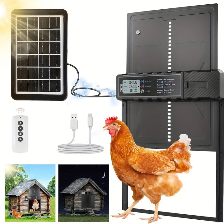 Porte solaire de poulailler programmable grande taille avec son panneau solaire, sa télécommande et son câble USB, jour et nuit
