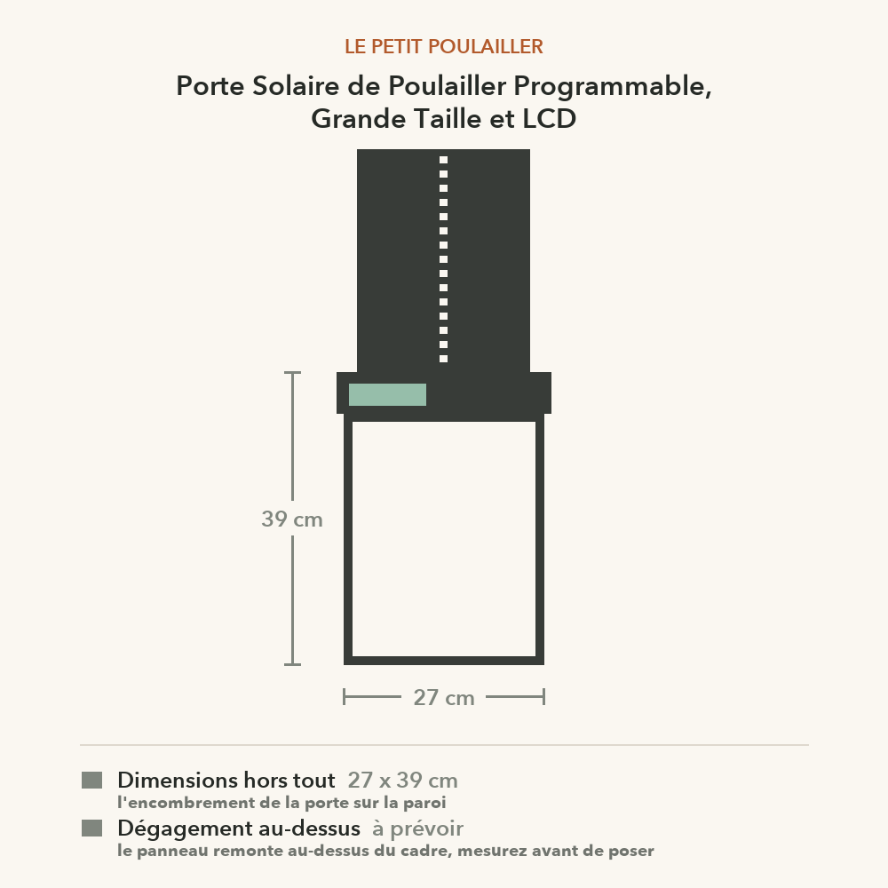Schéma coté de la porte solaire programmable : 27 x 39 cm hors tout