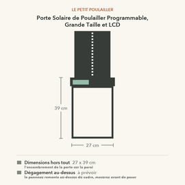 Schéma coté de la porte solaire programmable : 27 x 39 cm hors tout