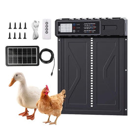 Contenu de la porte solaire programmable : porte, panneau solaire avec câble, câble USB et visserie, une oie et une poule devant