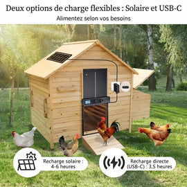Les deux recharges de la porte solaire USB sur un poulailler en bois : 4 à 6 heures au solaire, 3 h 30 en USB-C