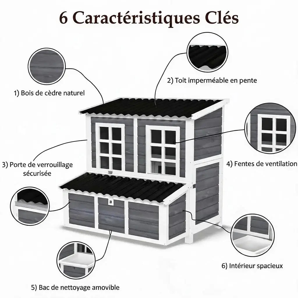 Les six points du poulailler : bois, toit imperméable, porte verrouillable, ventilation, plateau, volume intérieur