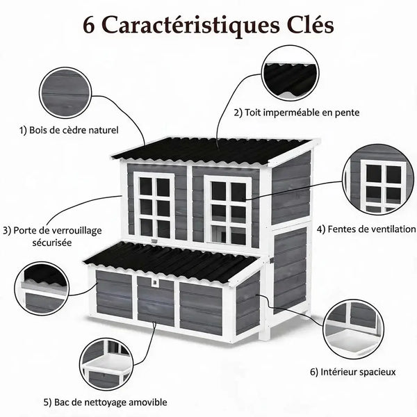 Les six points du poulailler : bois, toit imperméable, porte verrouillable, ventilation, plateau, volume intérieur