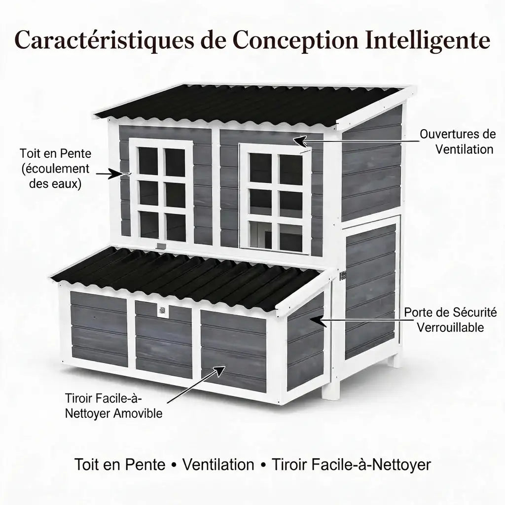 Planche détaillant le toit en pente pour l'écoulement des eaux, les ouvertures de ventilation, la porte de sécurité verrouillable et le tiroir amovible
