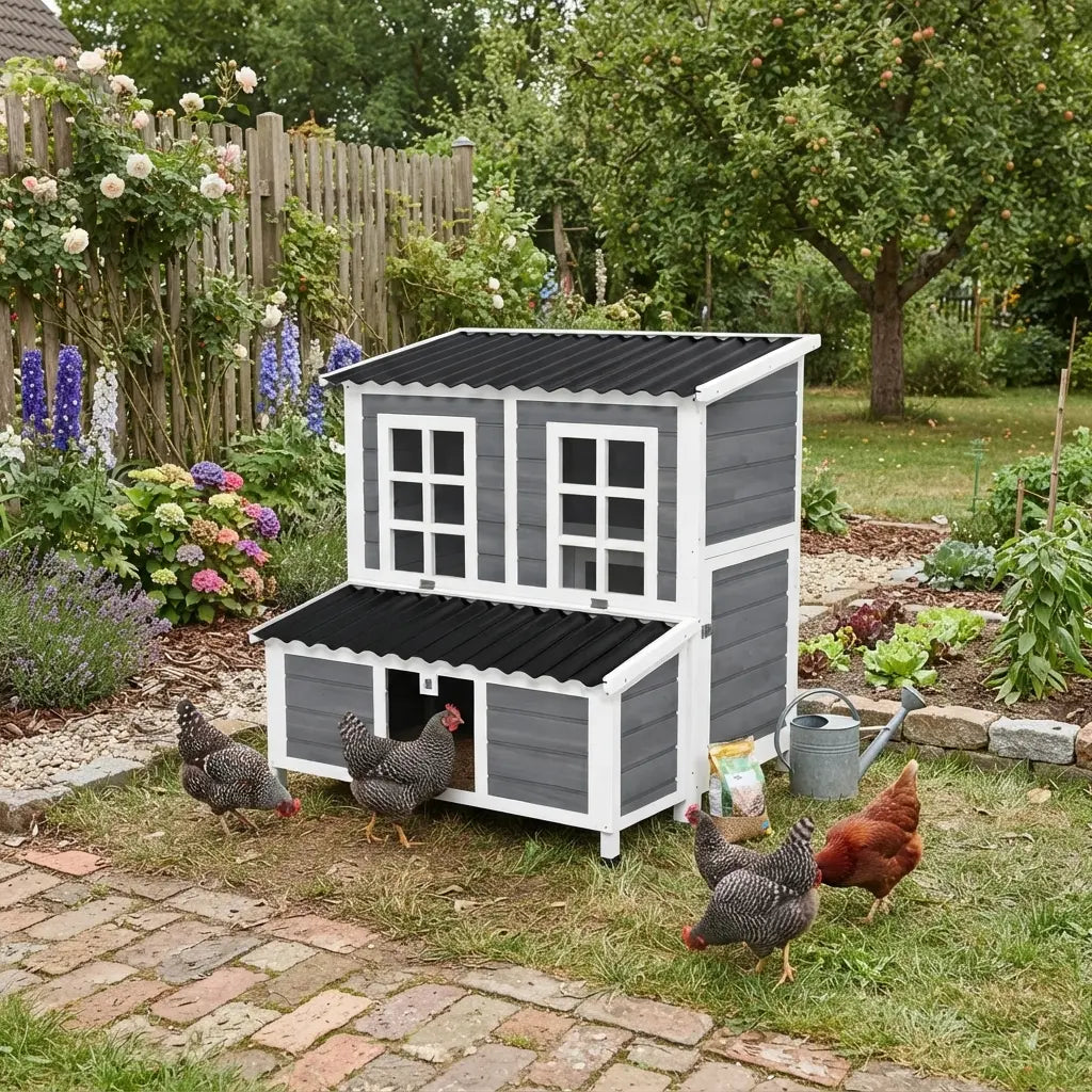 Poulailler gris et blanc à deux niveaux dans un jardin, poules devant l'entrée et abreuvoir posé à côté