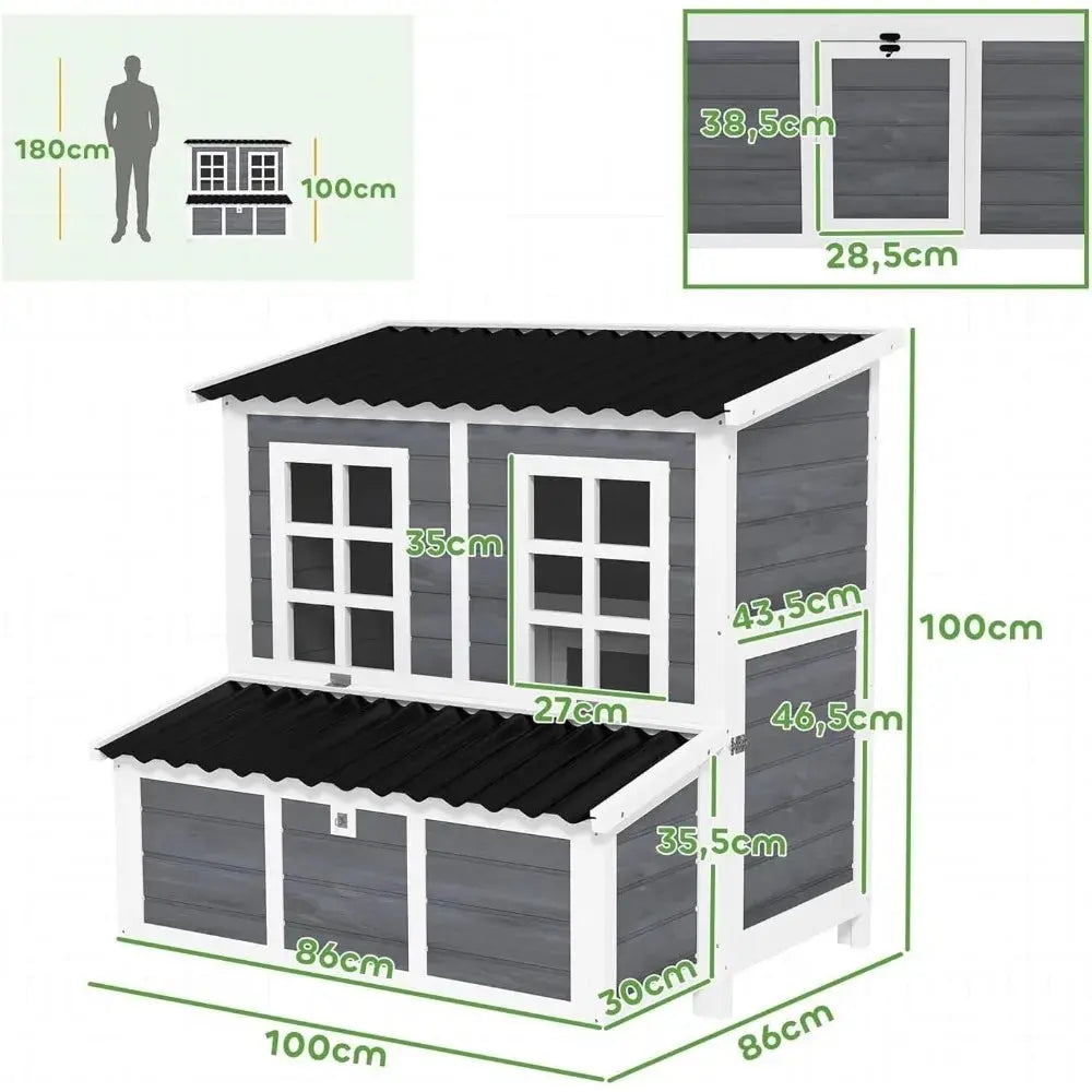 Dimensions du poulailler : 100 cm de large, 86 de profondeur, 100 de haut, pondoir de 86 x 30 cm
