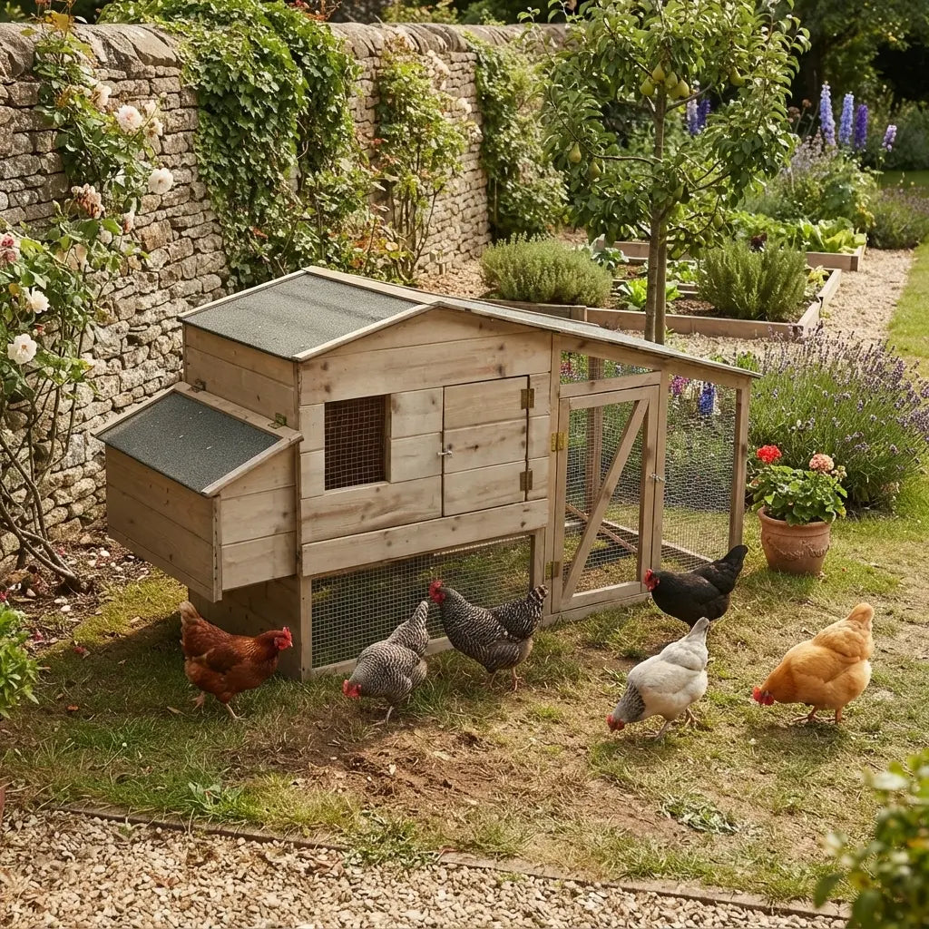 Poulailler en bois naturel avec son enclos grillagé attenant dans un jardin, plusieurs poules au sol