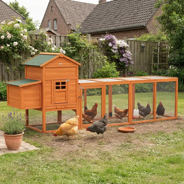 Poulailler en sapin orange de 297 cm avec son enclos de deux mètres déployé sur une pelouse, quatre poules à l'intérieur