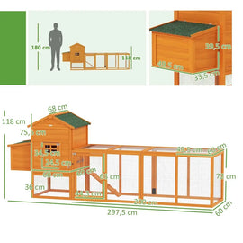 Plan coté du poulailler : 297,5 cm de long, 60 de profondeur, 118 de haut, enclos de 200 cm, abri de 60 cm, pondoir de 49,5 sur 33,5 cm