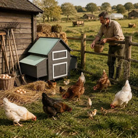 Poulailler en bois gris dans un pré, un éleveur et ses poules autour