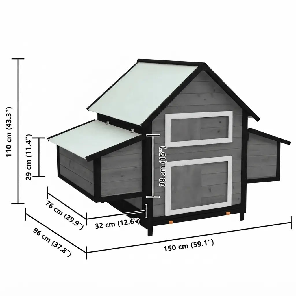 Dimensions du poulailler : 150 cm de long, 96 de profondeur, 110 de haut