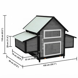 Dimensions du poulailler : 150 cm de long, 96 de profondeur, 110 de haut