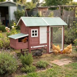 Poulailler en bois rouge à toit vert dans un jardin, pondoir latéral ouvert et trois poules devant l'enclos
