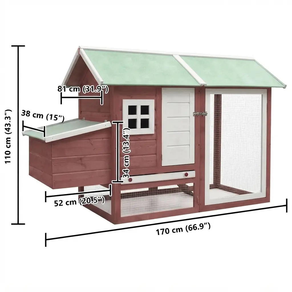 Plan coté du poulailler : 170 cm de long, 110 de haut, pondoir de 52 cm de large sur 38 de haut