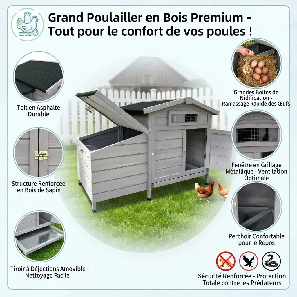 Planche des équipements : toit en asphalte, boîtes de nidification, fenêtre grillagée, tiroir à déjections et perchoir
