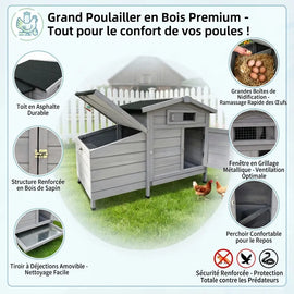 Planche des équipements : toit en asphalte, boîtes de nidification, fenêtre grillagée, tiroir à déjections et perchoir