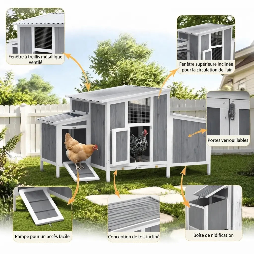 Détails du poulailler : fenêtre ventilée, rampe, toit incliné, pondoir