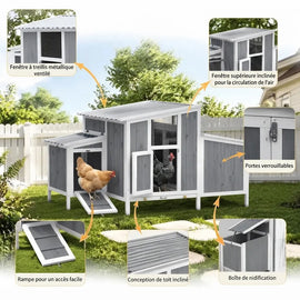 Détails du poulailler : fenêtre ventilée, rampe, toit incliné, pondoir