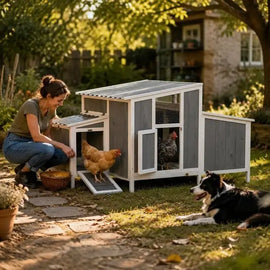 Poulailler en bois surélevé dans un jardin, une femme et un chien