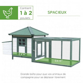 Planche du fabricant indiquant une capacité de une à deux poules et un volume intérieur de 0,4 mètre cube