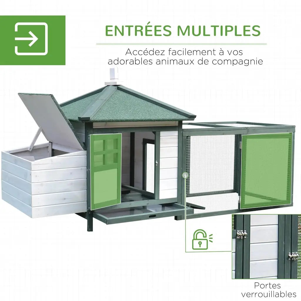 Planche du fabricant montrant les trois accès verrouillables du poulailler : porte de l'abri, toit du pondoir et porte de l'enclos