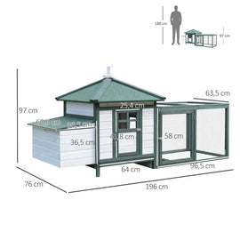 Plan coté du poulailler cottage : 196 cm de long, 76 de profondeur, 97 de haut, enclos de 96,5 sur 63,5 cm, pondoir de 60,5 sur 36,5 cm