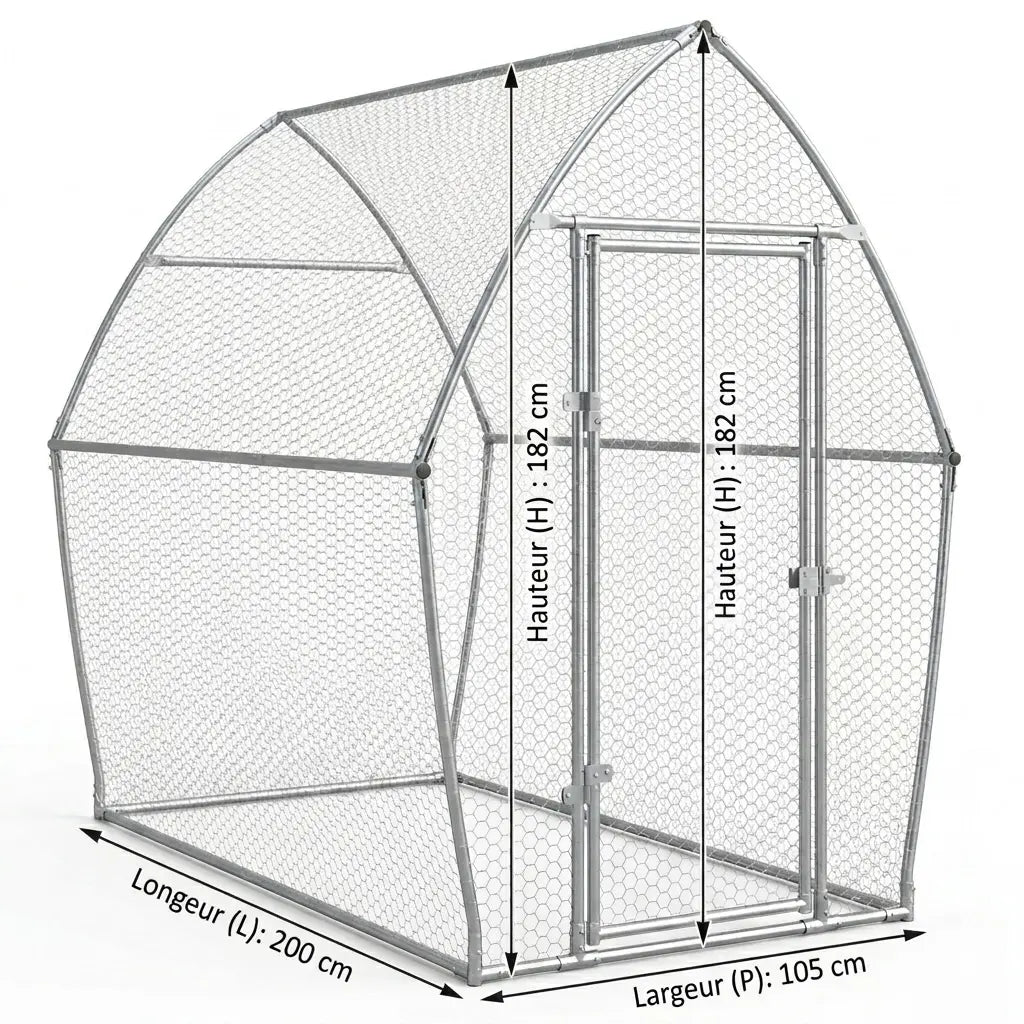 Plan coté du poulailler de 2 m : 200 cm de long, 105 cm de large, 182 cm de haut