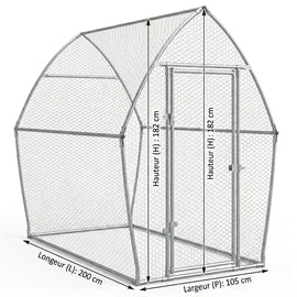 Plan coté du poulailler de 2 m : 200 cm de long, 105 cm de large, 182 cm de haut