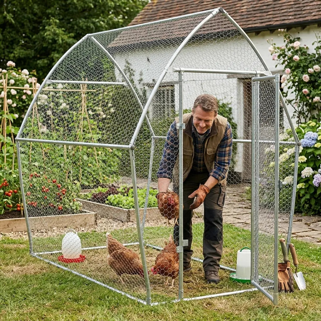 Éleveur debout à l'intérieur du poulailler de 2 m, occupé auprès de trois poules