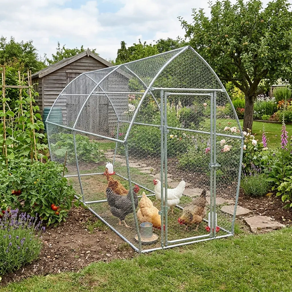 Poulailler de 4 m installé le long d'un potager, cinq poules autour d'un abreuvoir