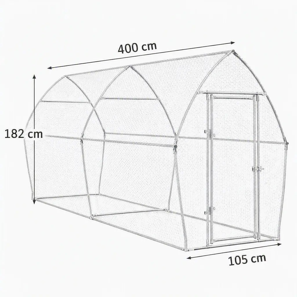 Plan coté du poulailler de 4 m : 400 cm de long, 105 cm de large, 182 cm de haut